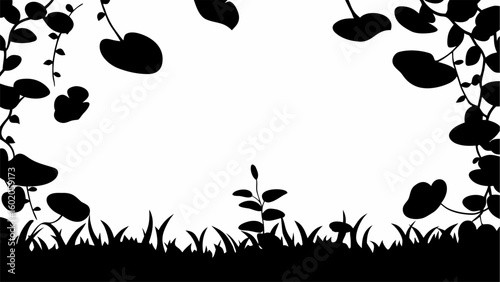 Silhouette of leaves and grass framing a white background creating a natural border with blank space
