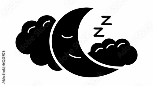 Sleeping moon with closed eyes and zzz symbols surrounded by clouds in a black and white illustration