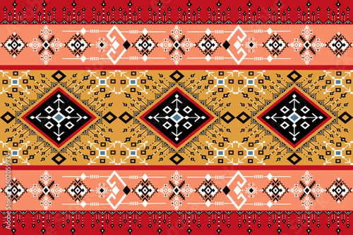 Traditional Tribal Fabric Pattern with Geometric Motifs in Red, Orange, and Yellow Tones – Seamless Ethnic Textile Design for Cultural Fashion, Home Decor, and Craft Projects