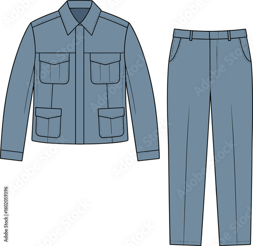 Men's utility jacket and trouser technical flat, front view fashion sketch, detailed clothing template, cad drawing flat vector illustration