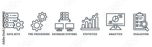 Data mining icon set vector concept with icon of data sets, pre-processing, database systems, statistics, analytics and evaluation