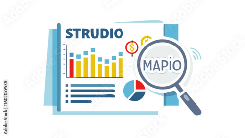 Illustration of strudio and mapio brand names with bar chart and pie chart on a white background