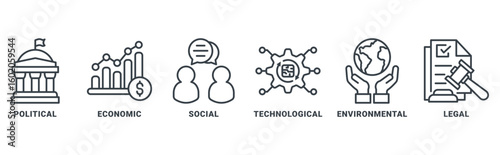PESTEL icon set vector concept with icon of political, economic, social, technological, environmental, legal