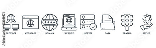 Web hosting icon set vector concept with icon of  provider, webspace, domain, website, server, data, traffic, service
