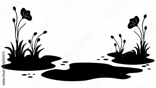 Silhouette illustration of plants with large leaves near dark puddles on a white background scene landscape