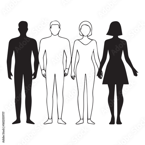 Male and female figures in silhouette and outline people
