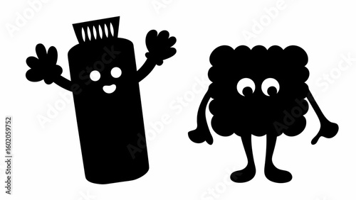 Cartoonish toothpaste tube character waving next to a cartoonish square character with legs and arms