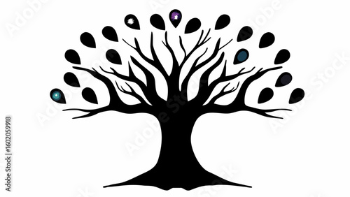 A stylized black tree silhouette with teardrop shaped leaves and colorful celestial bodies on white