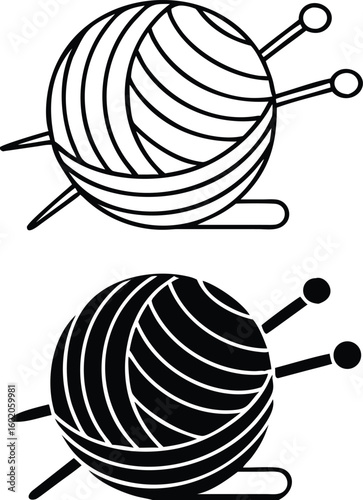 Yarn Icons. Black and White Vector Illustration. Ball of Thread and Knitting Needles. Material Characteristics Concept
