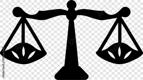 A black silhouette of a scales of justice symbol representing legal balance and fairness in court system