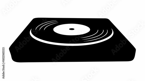 Illustration of a black record player with a white vinyl record on it in a simple graphic style