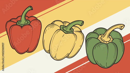 Illustration of three bell peppers in red yellow and green with retro stripes background design