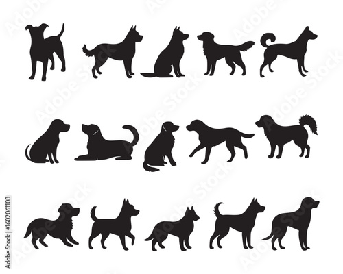 Various dog silhouettes standing sitting and lying down canine black
