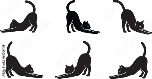 Cat Stretching Silhouette Icon Vector Set – Relaxed Feline Pose Illustration