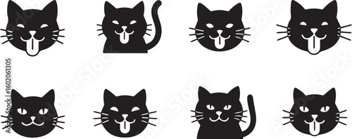 Cat with Tongue Out Silhouette Icon Vector Set – Funny and Playful Expression