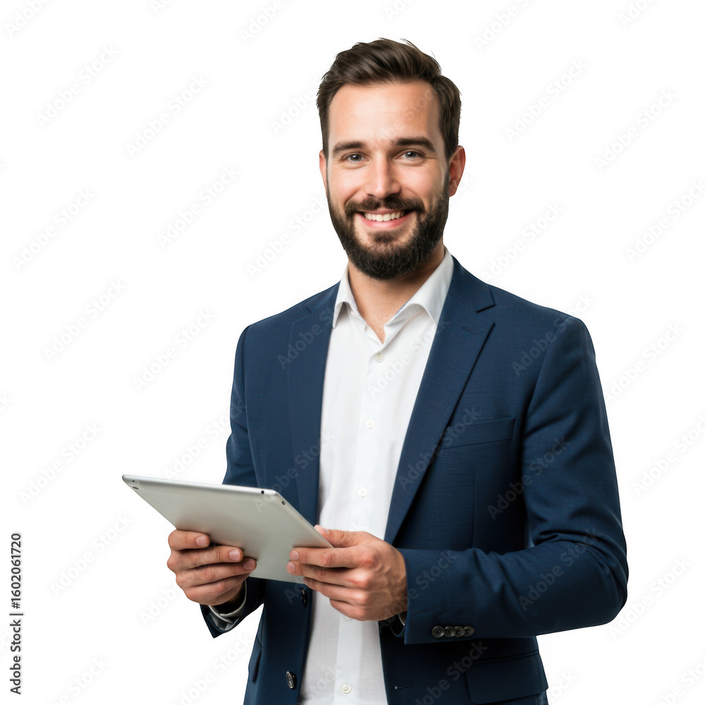 Smiling professional man in dark suit holding a tablet device and looking confidently ahead isolated on transparent background Smiling professional man in dark suit holding a tablet device and looking confidently ahead isolated on transparent background