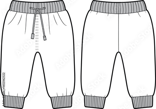 Toddler jogger pants flat vector sketch with ribbed waistband and cuffs, front and back view, drawstring detail, fashion cad