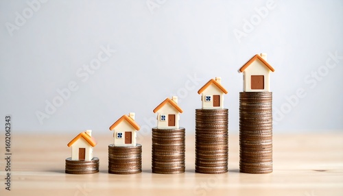 Miniature houses on stacks of coins