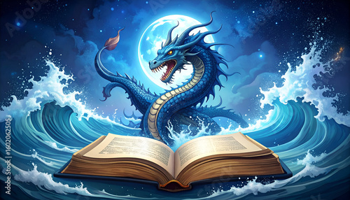 Mythical Blue Dragon with Open Book, and Ocean.