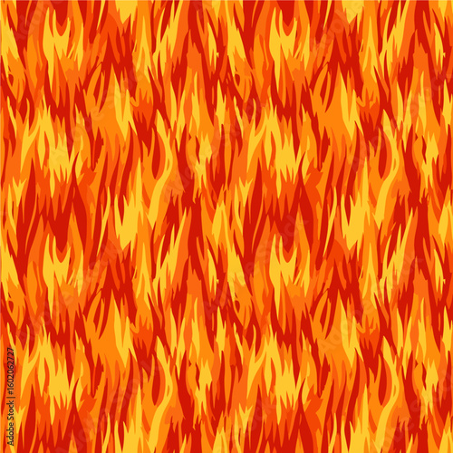 A vibrant seamless pattern of stylized fire flames burns in energetic shades of red, orange, and yellow.