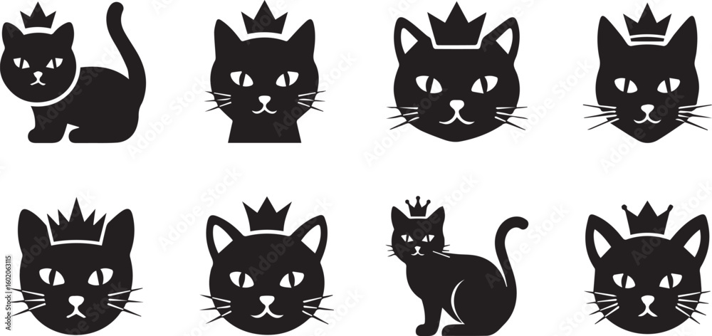 Fototapeta premium Cat with Crown Silhouette Icon Vector Set – Royal Pet Concept