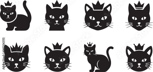 Cat with Crown Silhouette Icon Vector Set – Royal Pet Concept