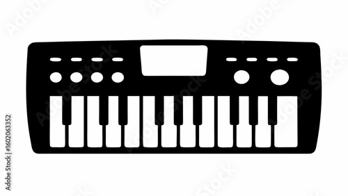 Illustration of a black and white keyboard instrument with keys and buttons on a white background view