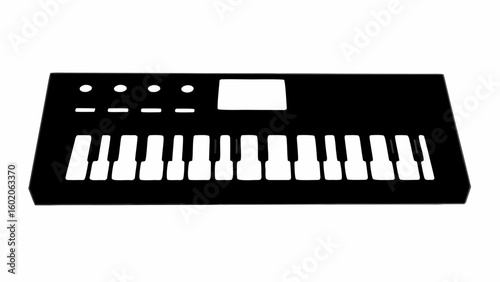 Illustration of a black and white keyboard with a small screen and several buttons on the left side