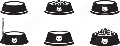 Cat Food Bowl Silhouette Icon Vector Set – Pet Feeding Symbol