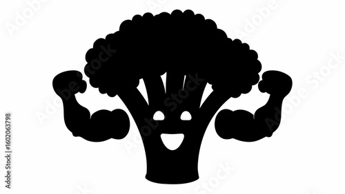 Silhouette of a strong broccoli with muscular arms and a happy face on a white background design