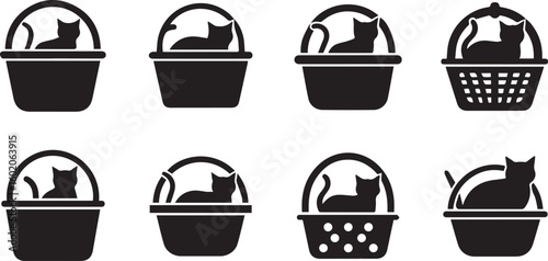 Cat in Basket Silhouette Icon Vector Set – Cute Resting Pet Scene