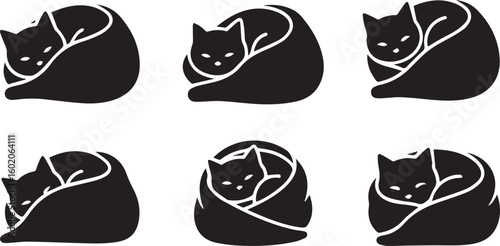Cat in Blanket Silhouette Icon Vector Set – Cozy Sleeping Pet Illustration