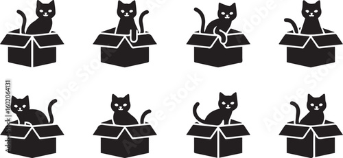 Cat in Box Silhouette Icon Vector Set – Cute Pet Hiding Pose