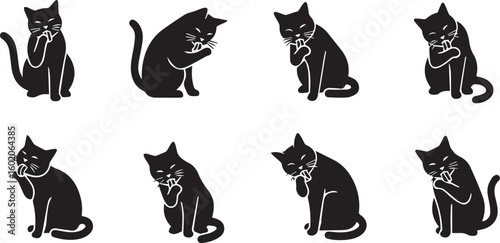 Cat Licking Paw Silhouette Icon Vector Set – Grooming Pet Pose