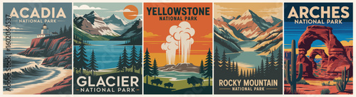 A collection of posters featuring various national parks and mountain ranges. The postcards are arranged in a grid and include Acadia, Glacier, Yellowstone, Rocky Mountains, Arches.
