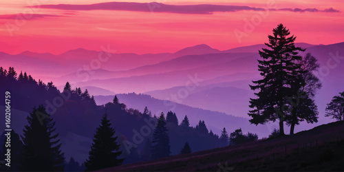 Serene mountain landscape at dusk showcasing the beautiful hues of a sunset in the sky