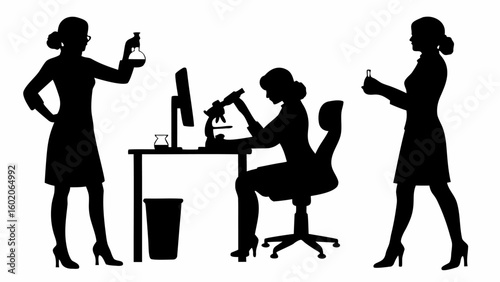 Silhouetted female scientists conducting research with microscope and laboratory glassware in a lab setting