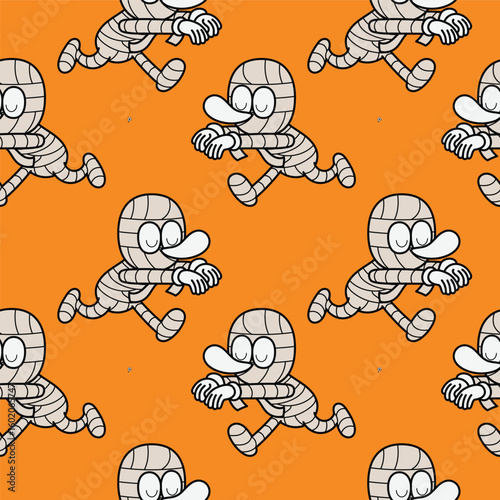 Cute Cartoon Mummy sleepwalking Seamless Halloween Pattern cartoon illustration gift wrap orange design