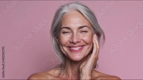 Mature female portrait highlighting elegant aging, silver haired woman softly touching cheek with gentle smile, expressing confidence and natural beauty