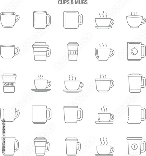 A collection of various cups and mugs for hot beverages, depicted as a simple black line art icon set.