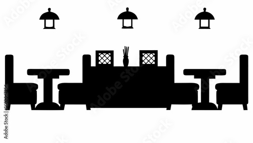 Silhouette illustration of a restaurant interior with tables chairs and lighting fixtures overhead in black