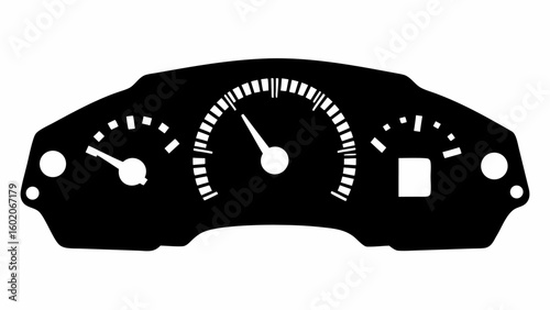 Illustration of a car dashboard with a speedometer fuel gauge and temperature gauge in black and white