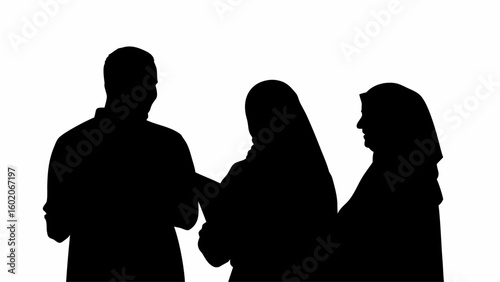 Silhouette of a man pointing towards two women in hijabs against a white background in a simple drawing
