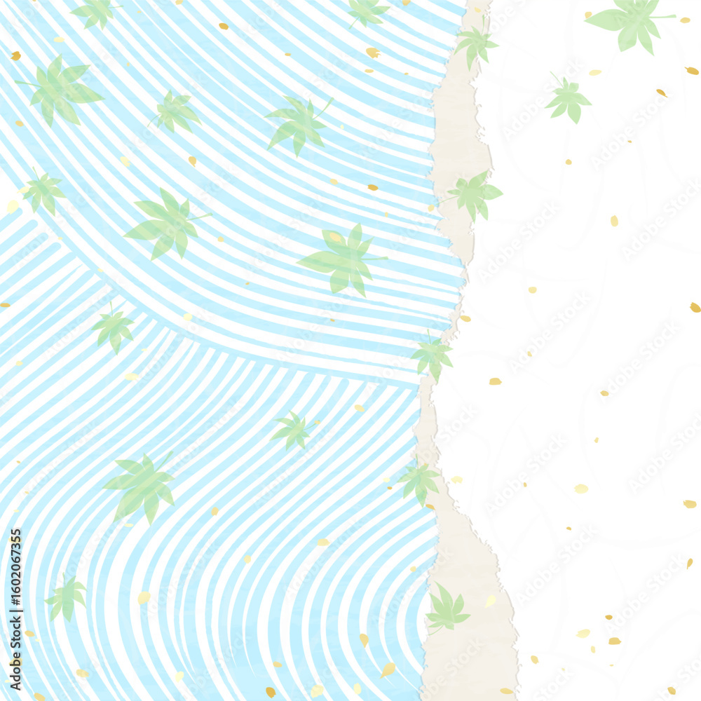 Fototapeta premium 水に流れる青紅葉 和紙風の背景イラスト