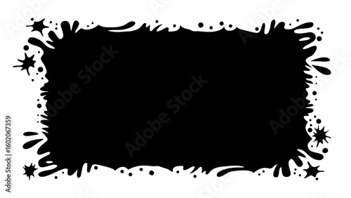 Black rectangular blob with irregular edges and star shapes scattered around the perimeter on white background