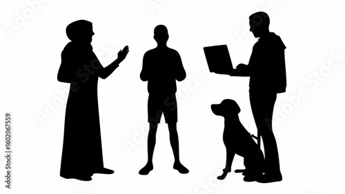 Silhouette of a woman in hijab, a boy, a man with a laptop, and a dog sitting on the ground clearly visible