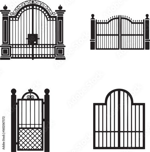 Set of Vintage gate silhouette vector illustration isolated On Transparent Background