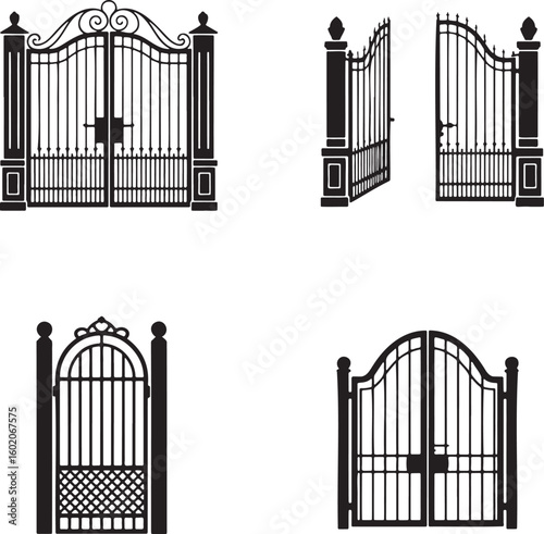 Set of Vintage gate silhouette vector illustration isolated On Transparent Background