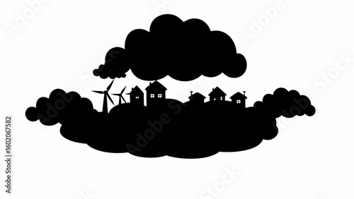 Silhouette of houses and wind turbines under a cloudscape in black and white illustration art design