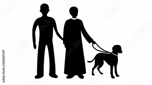 Silhouette of two people walking a dog on a leash in black and white illustration style image format